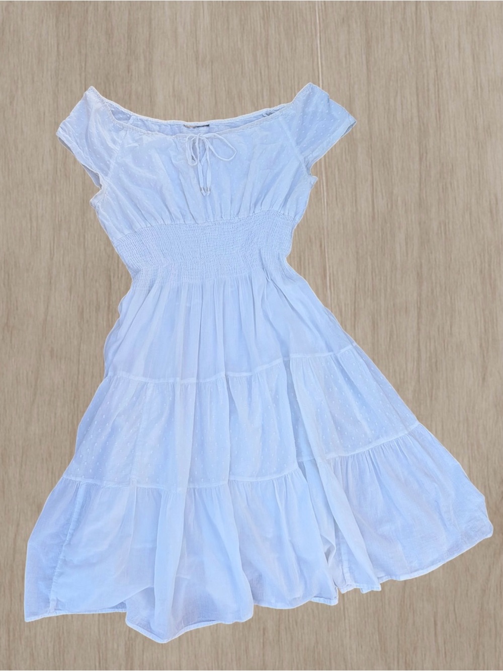 Boho Smocked Tiered Midi Dress Cottagecore Sundress, White, Sz L